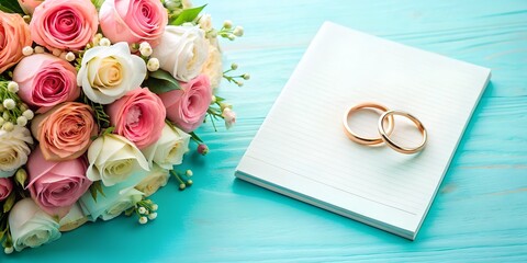 Romantic wedding setting with floral bouquet and wedding rings placed on a soft blue background during a sunlit celebration