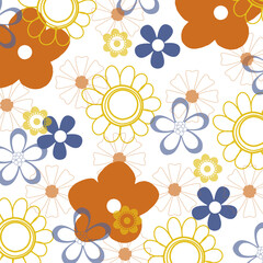 Retro orange, yellow, and blue floral pattern with outlined details on white, ideal for vintage-inspired textiles, home decor, and playful graphic design.