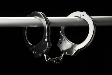 Metal chain handcuffs on pipe against black background, closeup
