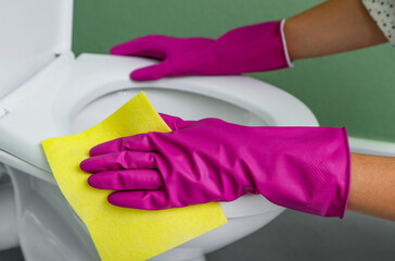Woman cleaning toilet seat in restroom, closeup