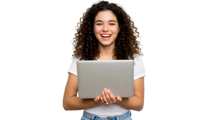 a girl with curly hair using laptop isolated, png, isolated on transparent png