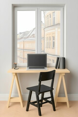 Home office workspace near window with city view; laptop, chair, books; ideal for remote work, productivity, or study blogs