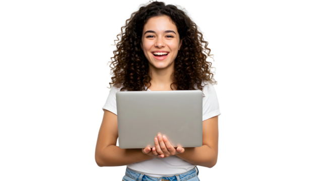a girl with curly hair using laptop isolated, png, isolated on transparent png