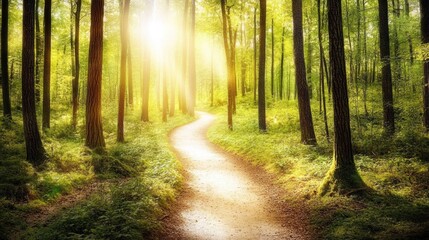 Obraz premium Sunlit Path Through a Tranquil Forest