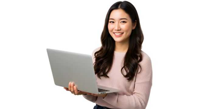 portrait of a business woman , beautiful Asian girl using laptop computer isolated on a transparent png background , lifestyle business people concept