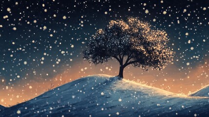 Lonely tree snow hill sunset winter digital art