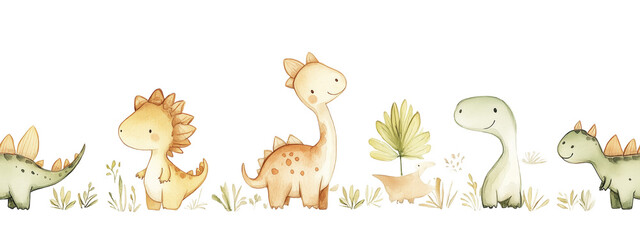 Obraz premium Cute Watercolor Dinosaurs Seamless Border Isolated on White Background