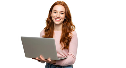 Naklejka premium Portrait of successful businesswoman in business clothes using laptop