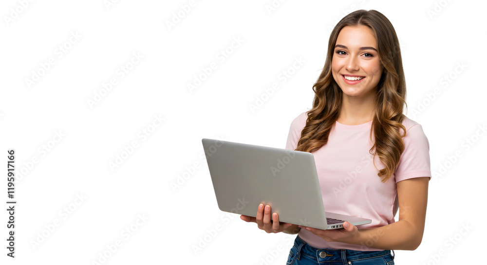Poster portrait of cheerful young woman standing isolated over transparent background using laptop computer