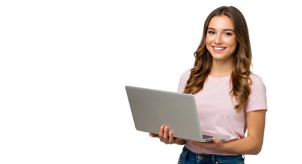 Portrait of cheerful young woman standing isolated over transparent background using laptop computer. Looking camera
