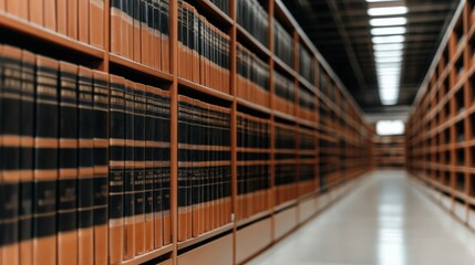 Rows of neatly organized legal books and references line the shelves of a law library, creating a sense of order and knowledge.