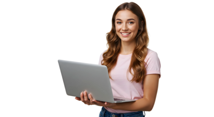 portrait of a business woman , beautiful Asian girl holding laptop computer isolated on a transparent png background , lifestyle business people concept