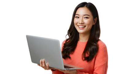 portrait of a business woman , beautiful Asian girl holding laptop computer isolated on a transparent png background , lifestyle business people concept