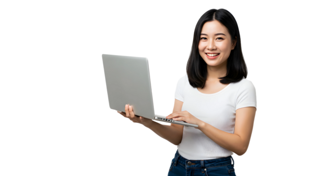 portrait of a business woman , beautiful Asian girl using laptop computer isolated on a transparent png background , lifestyle business people concept