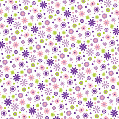 Playful seamless floral pattern with purple, pink, and green flowers on white, perfect for kids’ designs, wrapping paper, and cheerful decorative projects.