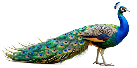 Obraz premium Majestic peacock displaying vibrant plumage in a natural setting during daylight hours PNG transparent