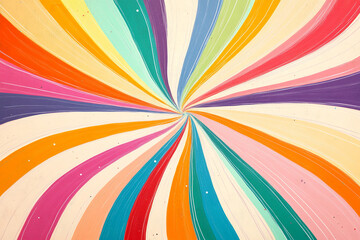 The image is a vibrant abstract painting with a swirling pattern of multicolored lines radiating from the center, creating a hypnotic effect