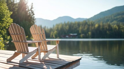 At sunrise, two empty Adirondack chairs sit on a wooden dock, overlooking a peaceful lake surrounded by lush green trees and distant mountains.