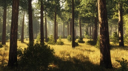 Obraz premium Sunlight Filtering Through Forest Trees