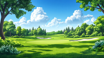 Naklejka premium Landscape of green grass golf course with trees under blue daytime sky with white clouds, cartoon illustration. golfing competition field wallpaper, outdoor summer hobby sport lawn meadow.