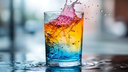 A glass half-filled with colored liquid blending into clear water, symbolizing mixed emotions, with caption space on the side and blurred chaotic background

