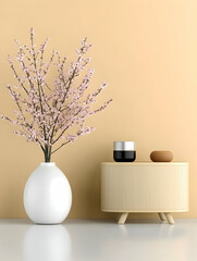 Minimalist home decor pale pink blossoms in a white vase on a light wood side table against a muted orange wall.  Ideal for interior design blogs or home decor websites