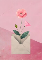 Fototapeta premium Beautiful pink flowers emerging from an envelope against a soft pink background, creating a whimsical and artistic composition