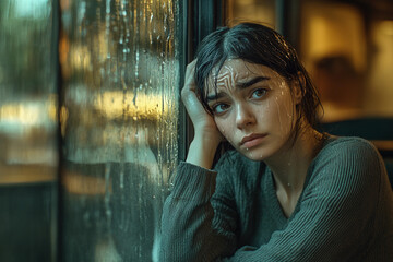 Obraz premium Woman gazing thoughtfully out of a rain-soaked window in a cozy cafe during a rainy day