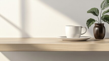Fototapeta premium A minimalistic kitchen scene with a white cup on a saucer beside a small brown vase with green leaves. The background is softly blurred, evoking a calm summer mood.