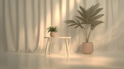 Minimalist interior scene plants on white side table against sheer curtains, sunlight streaming in. Ideal for home decor or lifestyle blogs