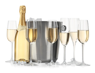 Champagne and bucket with ice isolated on white