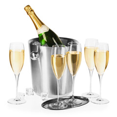 Champagne and bucket with ice isolated on white