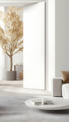Minimalist living room interior design; beige sofa, plants, and white door; calm background; ideal for home decor websites