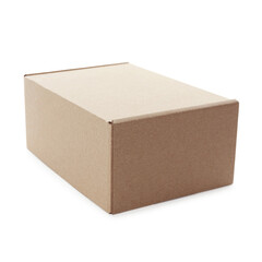 One closed cardboard box isolated on white. Mockup for design