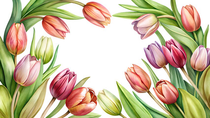 Obraz premium Vibrant tulip arrangement with various colors and lush green leaves for spring decoration ideas PNG transparent