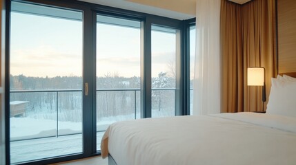 Fototapeta premium A minimalist Scandinavian bedroom features a bed with white linens next to large windows overlooking a snowy landscape, creating a serene atmosphere.