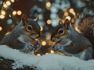 Fototapeta premium Two squirrels sharing a nut in the snow. AI.