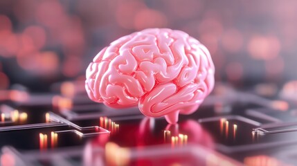 A pink human brain floats above a digital circuit board, symbolizing the connection between biological and artificial intelligence.