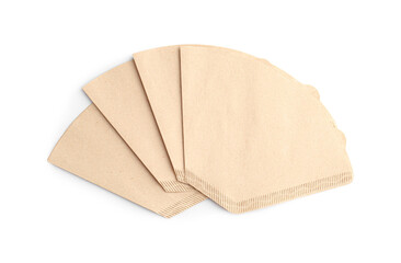 Paper coffee filters isolated on white, top view