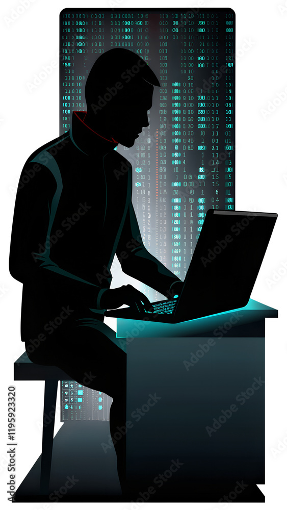 Poster Individual working on a laptop surrounded by glowing binary code in a dark environment while focused on the task  PNG  transparent