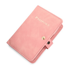 Passport in pink cover isolated on white, top view