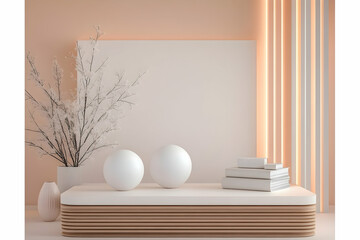 Fototapeta premium Minimalist peach room decor with white spheres, books, and branches; ideal for website backgrounds or interior design blogs