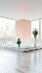 Minimalist peach display stand in modern bright room with winter trees view, ideal for product showcase or website banner