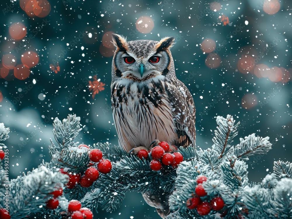 Wall mural Festive owl perched on a snowy branch adorned with ornaments. AI.