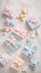 Minimalist arrangement of pastel baby shower gift boxes with soft fabric teddy bears and gentle lighting