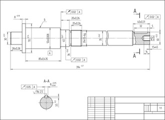 Assembly drawing of shaft of electrical reducer.
Vector design of steel mechanical device with 
dimension lines.
Engineering technic computer cad scheme on 
paper sheet. Hand drawn pencil sketch.