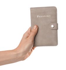 Woman holding passport in bright cover on white background, closeup