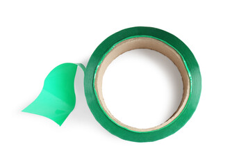 Roll of green adhesive tape isolated on white, top view