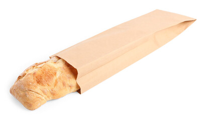 Paper bag with fresh baguette isolated on white