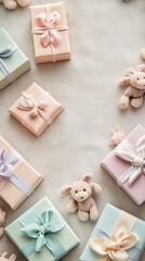 Fototapeta premium Minimalist arrangement of pastel baby shower gift boxes with soft fabric teddy bears and gentle lighting